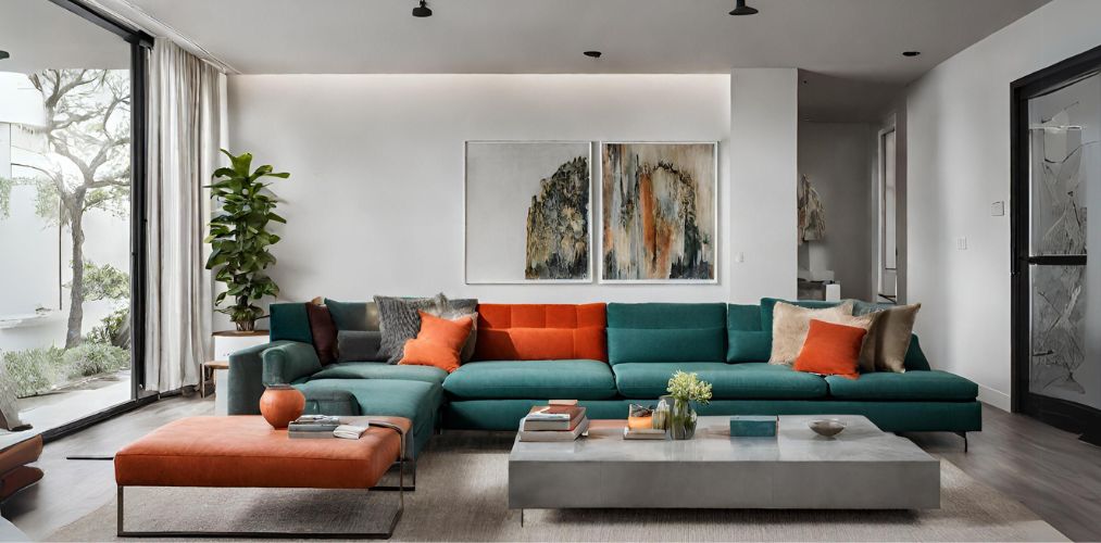 Modern living room with a sectional teal sofa set and center table-Beautiful Homes
