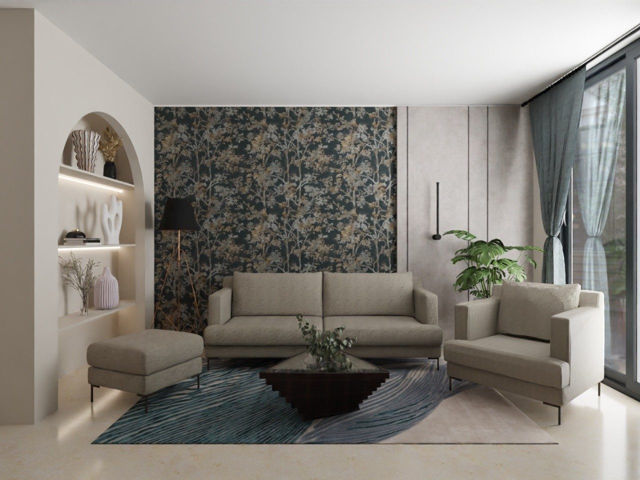 Neutral living room with modern décor and floral wallpaper - Beautiful Homes