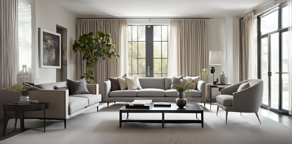 Modern living room with beige and grey tuxedo sofas - Beautiful Homes