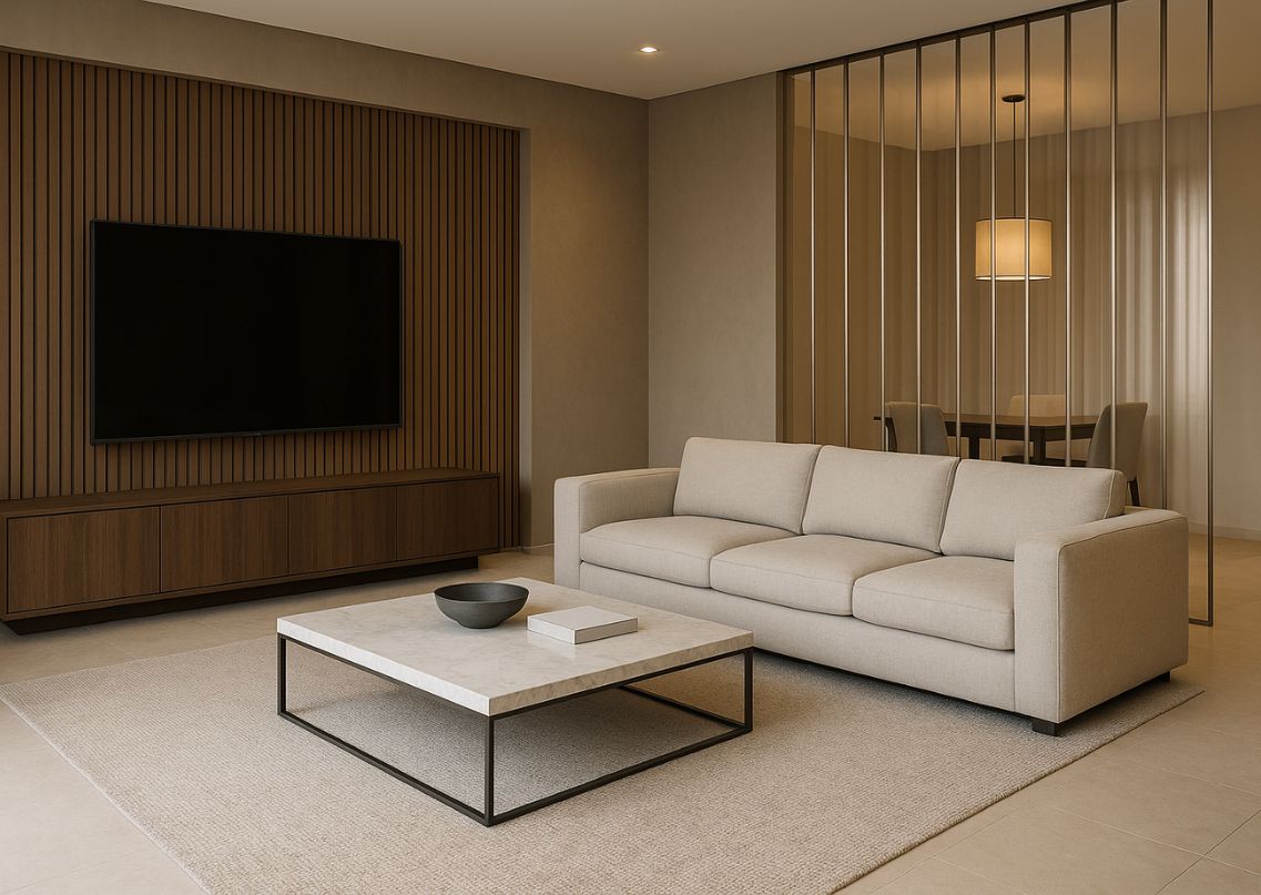 Living room with beige sofa and modern décor - Beautiful Homes