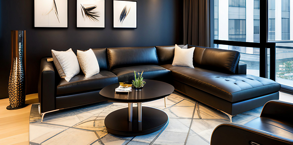 Modern living room with black leather sofa and black center table-Beautiful Homes
