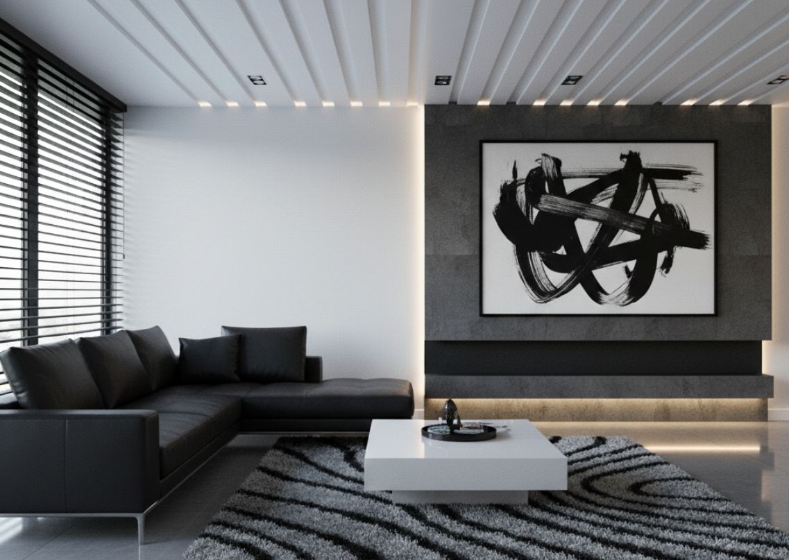 Living room with black sofa and abstract art - Beautiful Homes