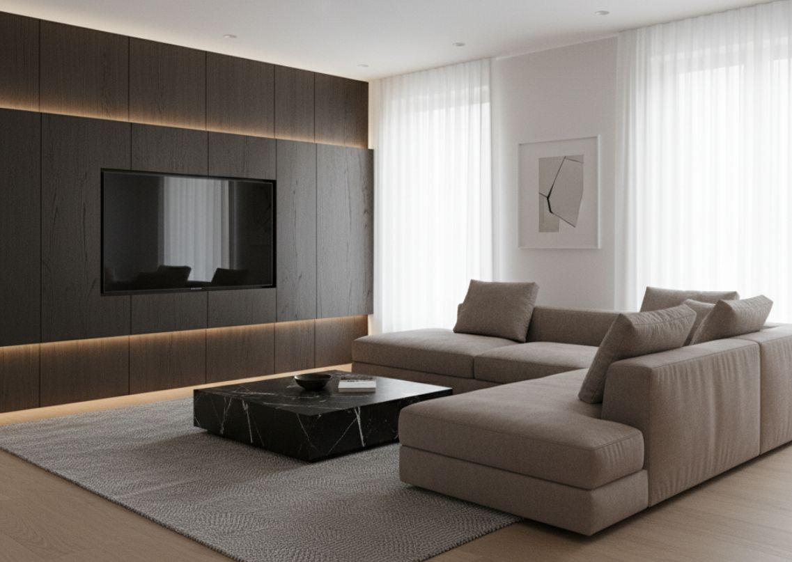 Modern living room with wooden wall panel and sofa - Beautiful Homes