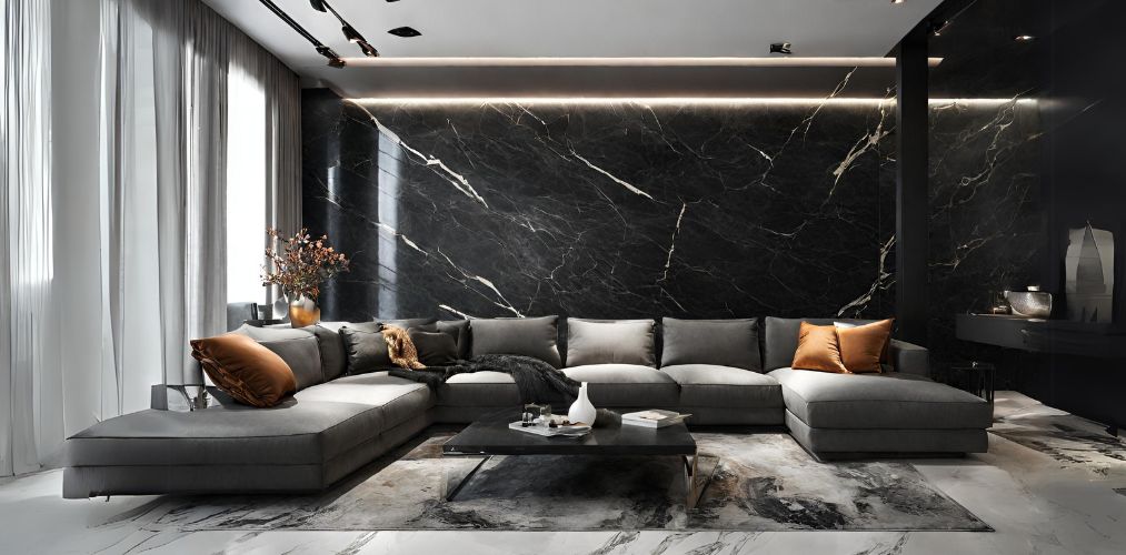 Modern living room with black marble tile wall - Beautiful Homes