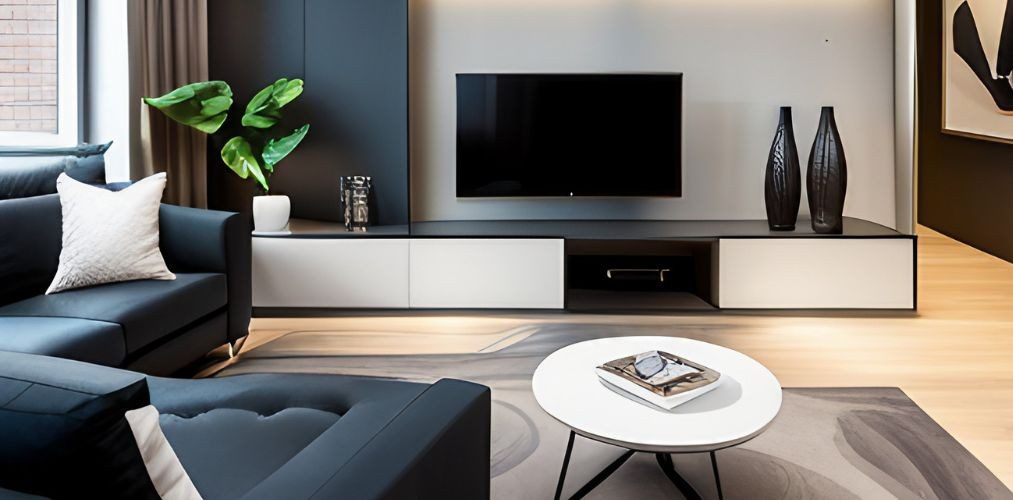 White and black living room with sofa set and tv unit-Beautiful Homes