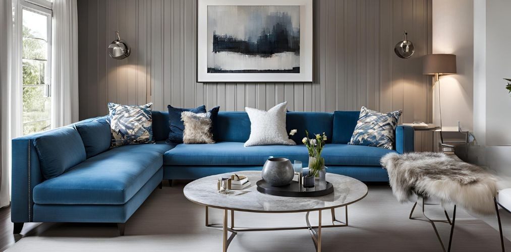 Modern living room with blue sofa and white fur bench - Beautiful Homes