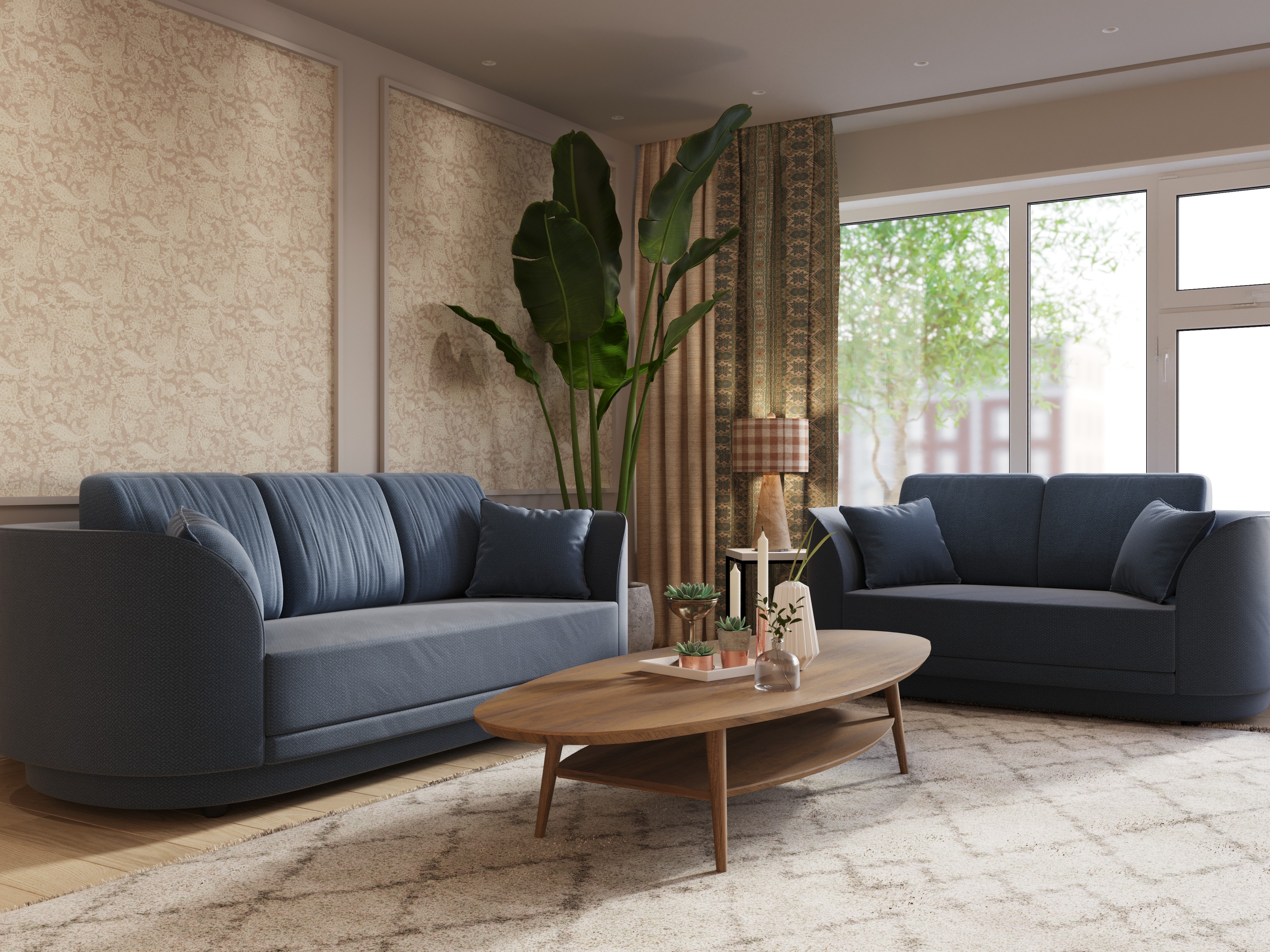 Cozy living room with blue sofas and wooden table - Beautiful Homes