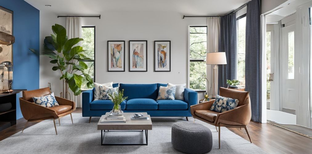 Modern living room with blue track arm sofa and leather accent chairs - Beautiful Homes