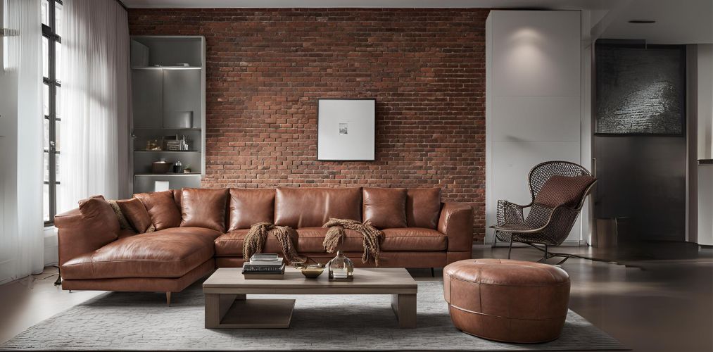 Modern living room with brick toned leather sofa and ottoman - Beautiful Homes