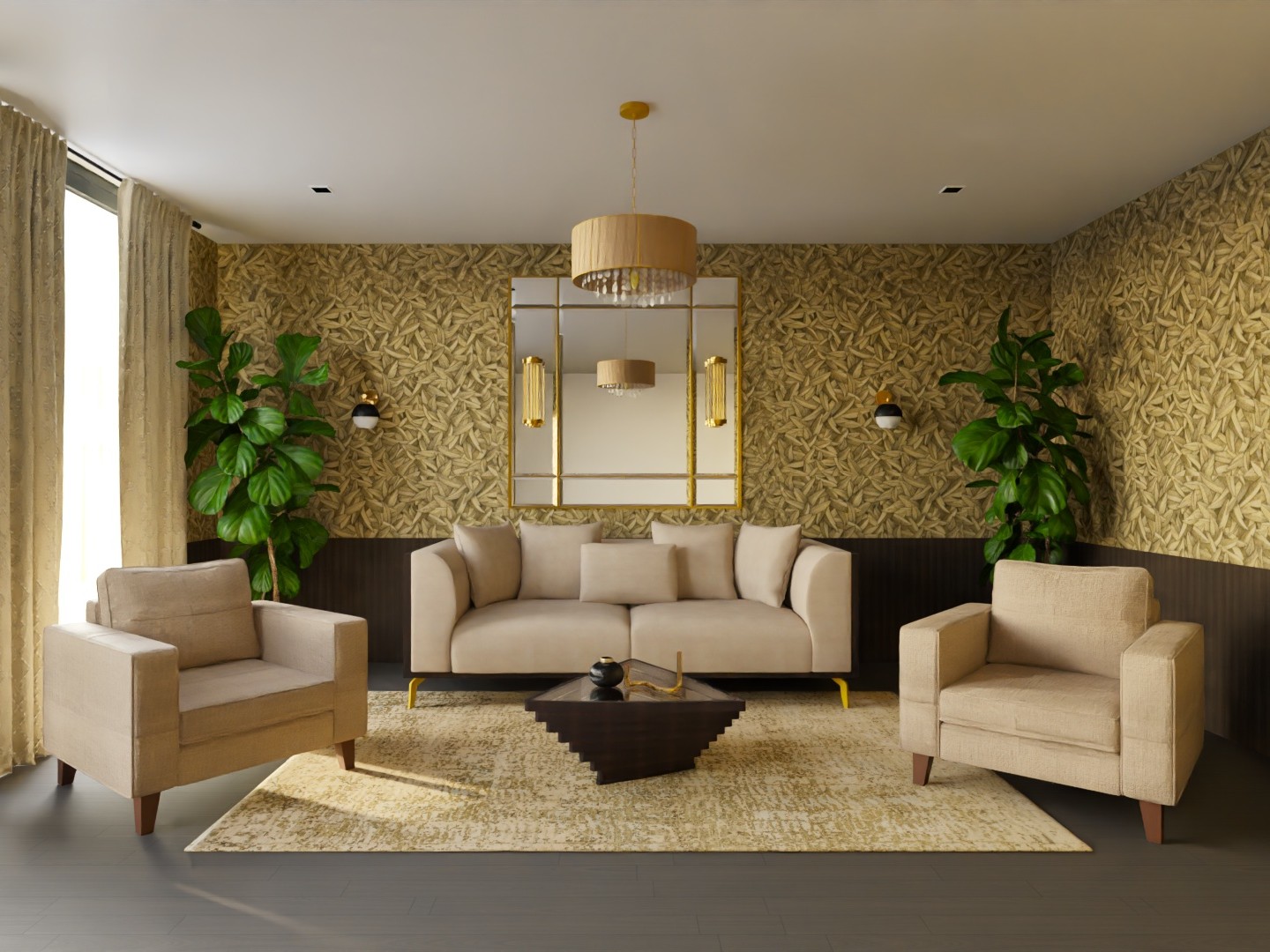 Beige sofa and chairs with patterned wallpaper - Beautiful Homes