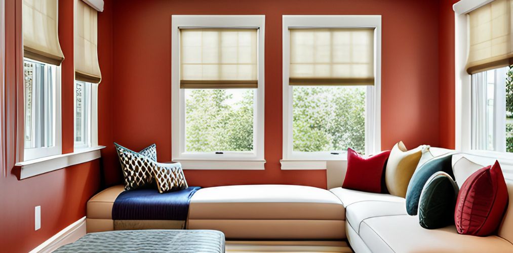 Window seat with red wall in living room-Beautiful Homes
