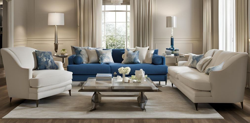 Modern living room with cream and blue sofa - Beautiful Homes