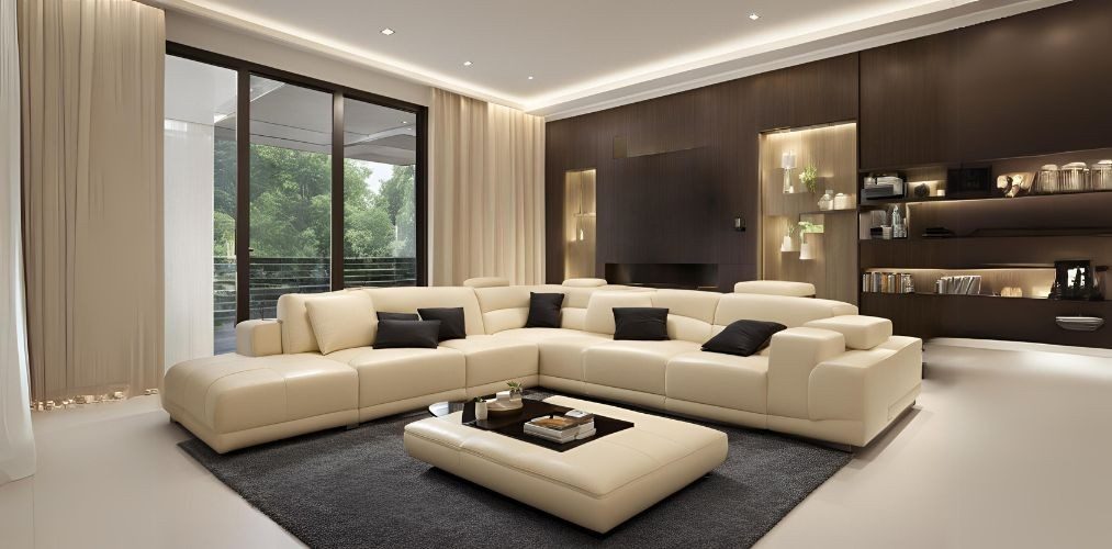 Modern living room with cream seating and wall storage - Beautiful Homes