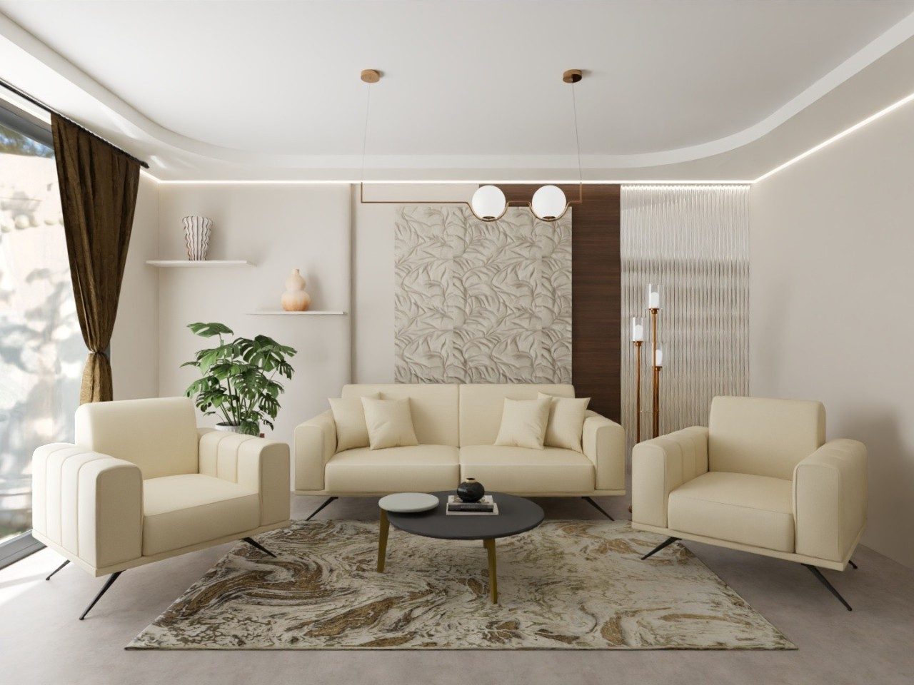 Modern living room with beige sofa and warm décor - Beautiful Homes