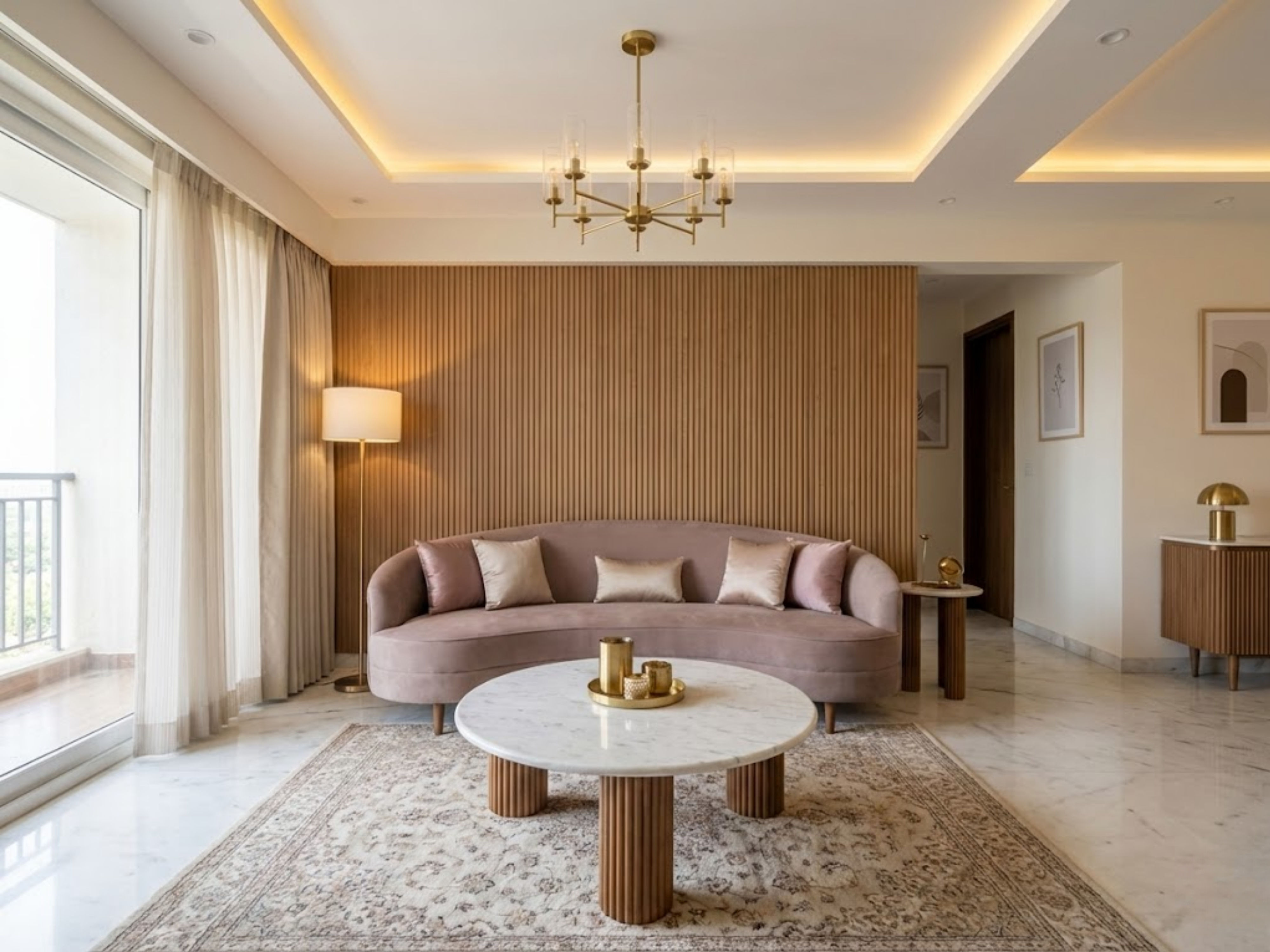 Modern living room with blush sofa and chandelier - Beautiful Homes