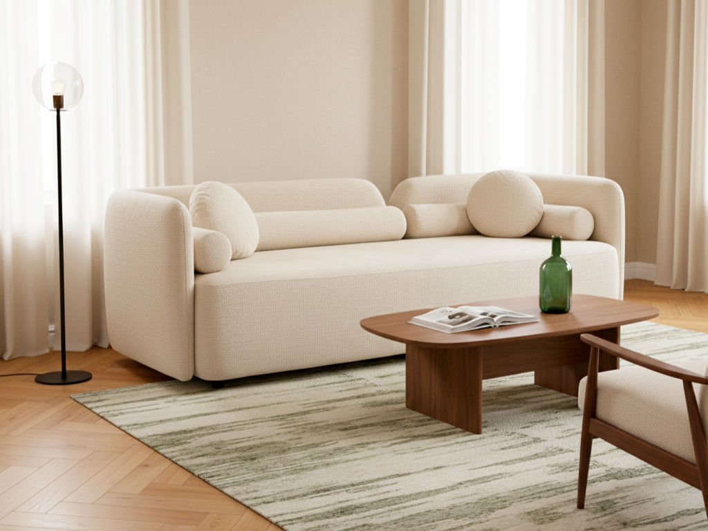 Modern living room featuring a curved sofa, wooden coffee table, and soft natural lighting - Beautiful Homes