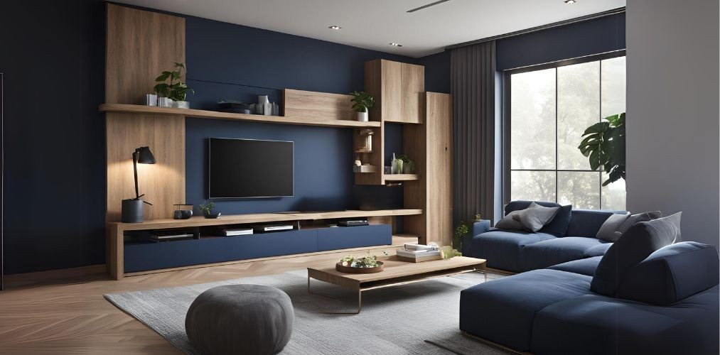 Modern living room with dark blue sofa and wooden TV unit - Beautiful Homes