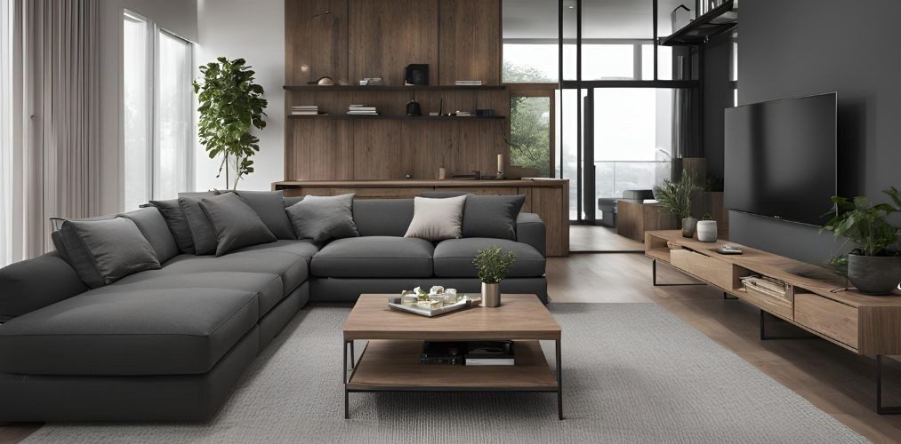 Modern living room with dark grey l-shaped sofa and wooden center table - Beautiful Homes