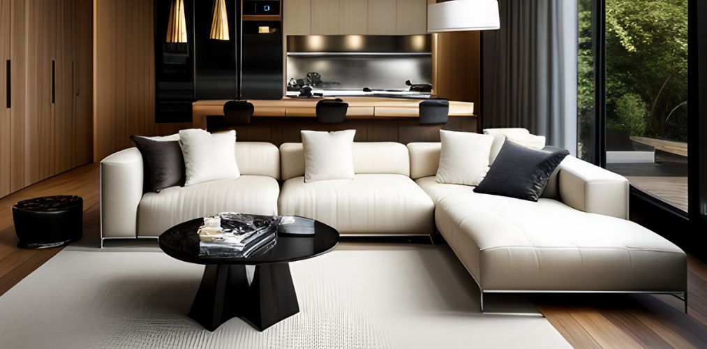 Modern living room with off-white designer sofa and carpet-Beautiful Homes