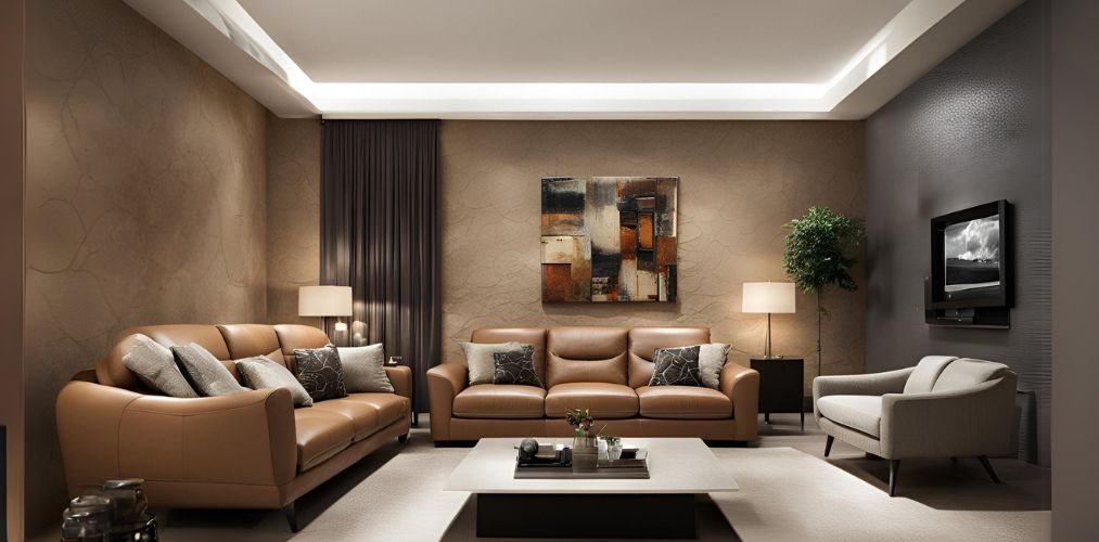 Modern living room with faux leather sofa set and textured walls - Beautiful Homes