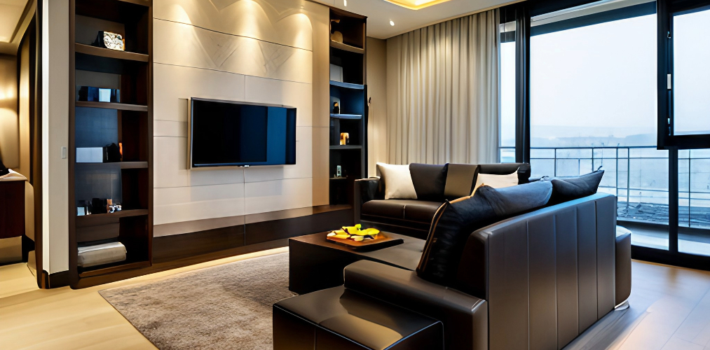 Modern living room with floor mounted TV unit with drawers and shelves-Beautiful Homes