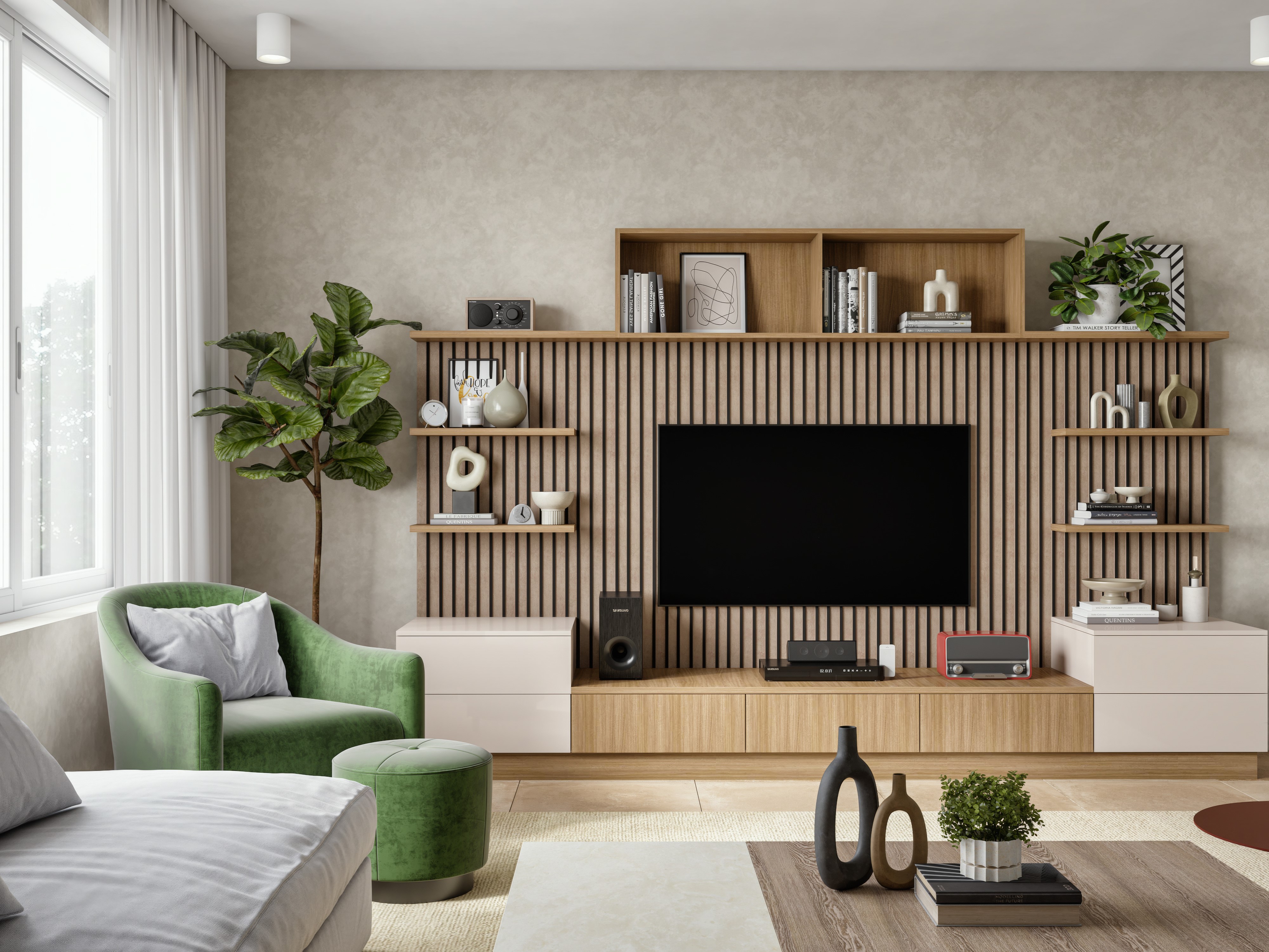 Living room with TV unit and wooden décor - Beautiful Homes