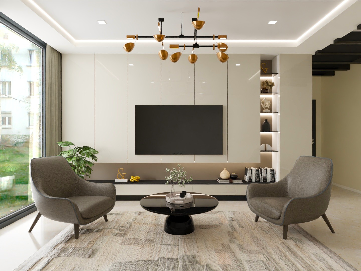 Modern living room with armchairs and glass table - Beautiful Homes