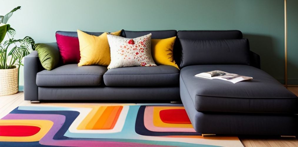 Modern living room with grey sofa and colorful geometrical carpet-Beautiful Homes