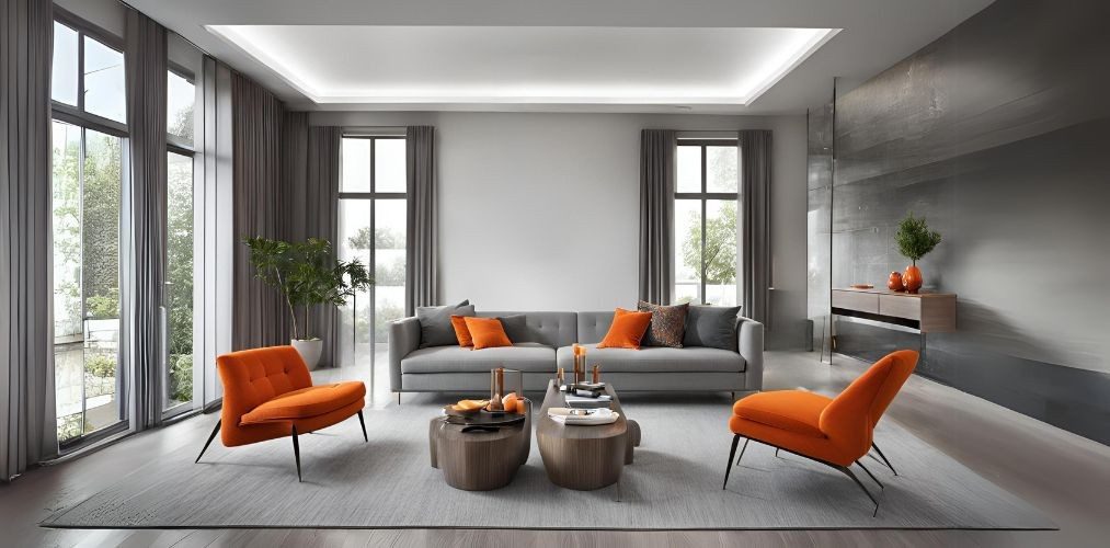 Modern living room with grey sofa and orange chairs - Beautiful Homes