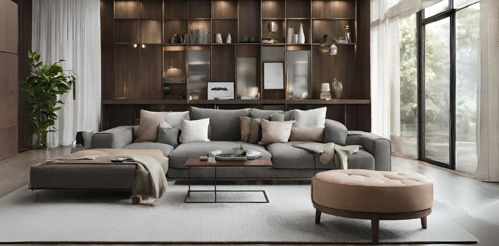 Modern living room with grey sofa and ottoman-Beautiful Homes