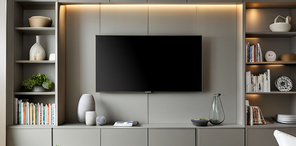 Grey tv unit and wall shelves for living room-Beautiful Homes