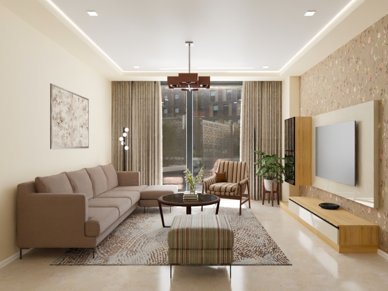 Modern living room with sofa, armchair, and TV unit - Beautiful Homes