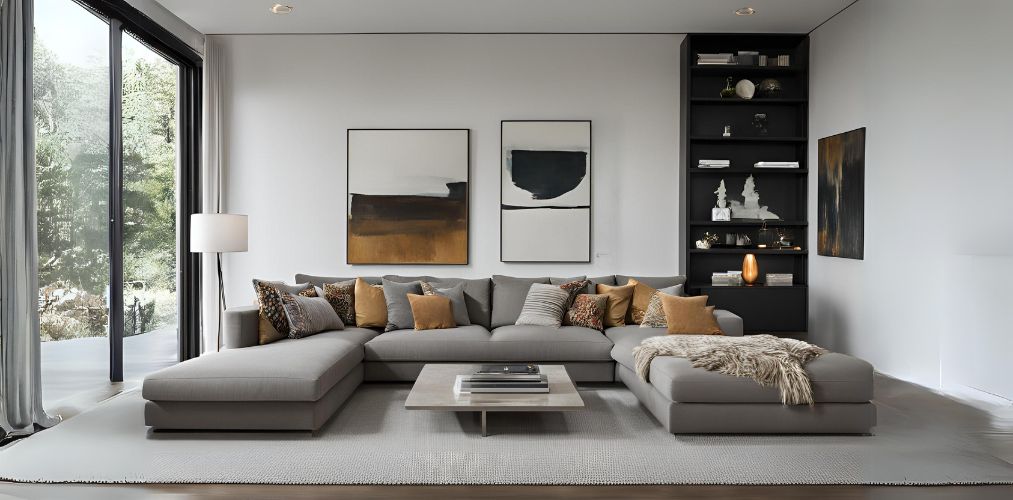 Modern living room with large U-shape sectional sofa and carpet - Beautiful Homes