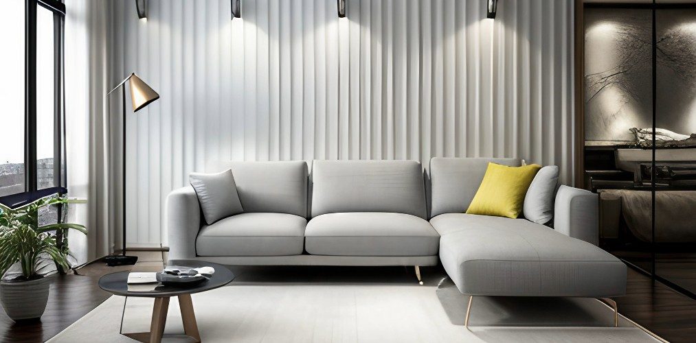 Modern living room with light grey sofa and pvc panel-Beautiful Homes