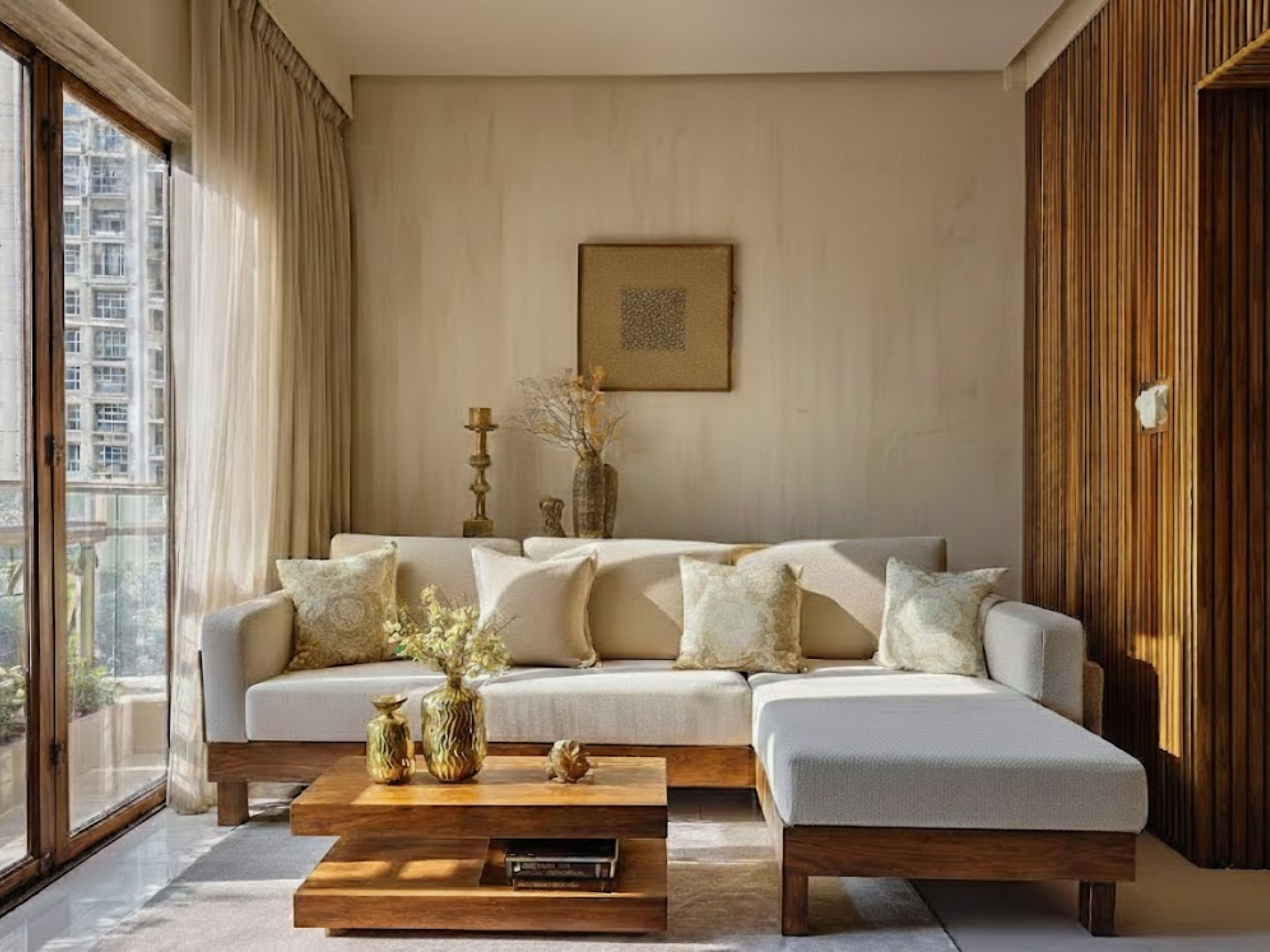 Living room with wooden sofa and natural light - Beautiful Homes