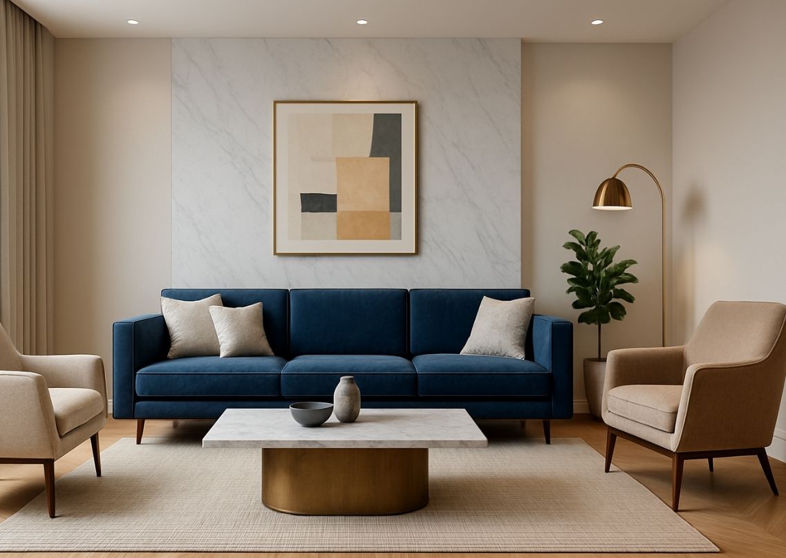 Contemporary living room with blue sofa and marble table - Beautiful Homes