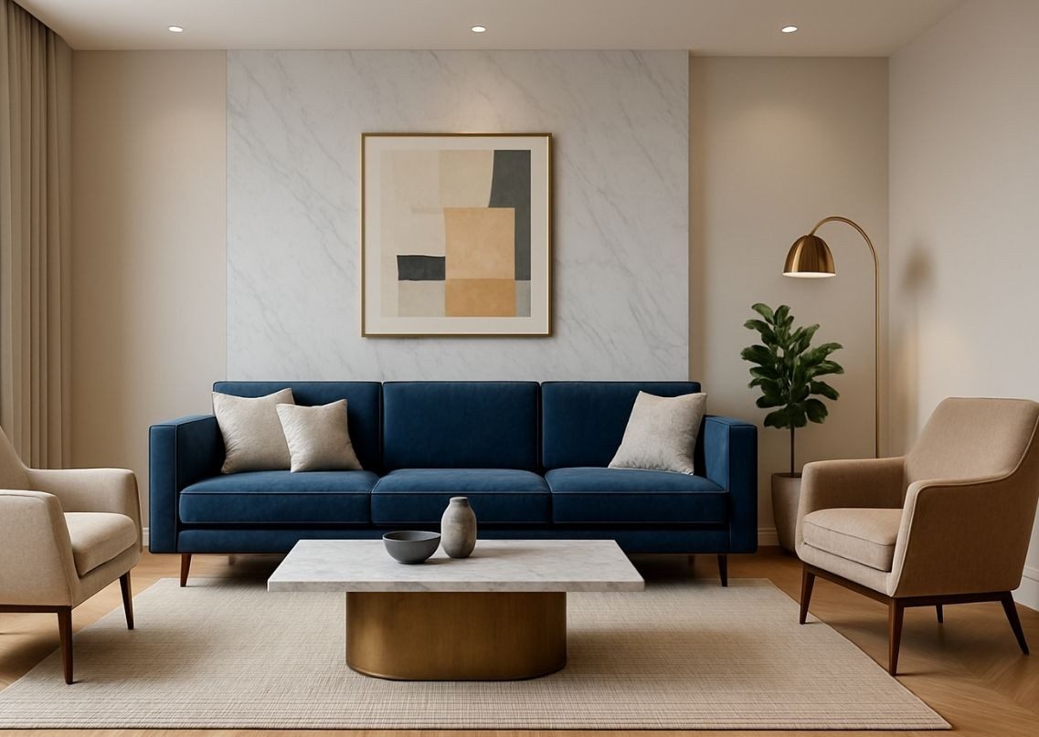 Contemporary living room with blue sofa and marble table - Beautiful Homes