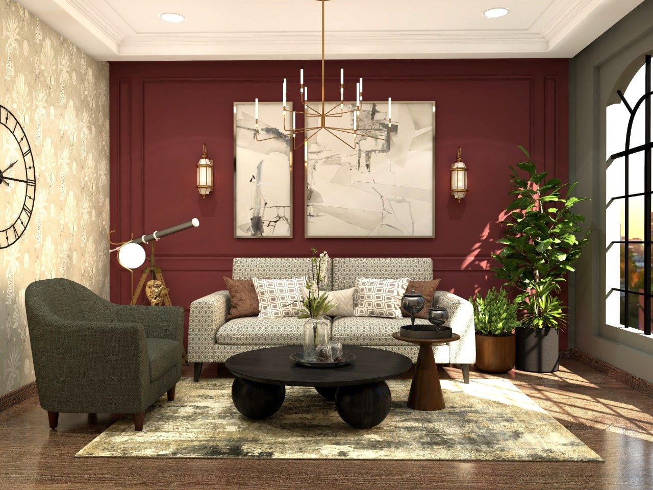 Modern living room with maroon accent wall and chandelier-Beautiful Homes