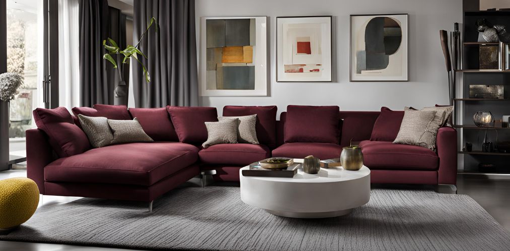 Modern living room with maroon sectional sofa and white round centre table - Beautiful Homes