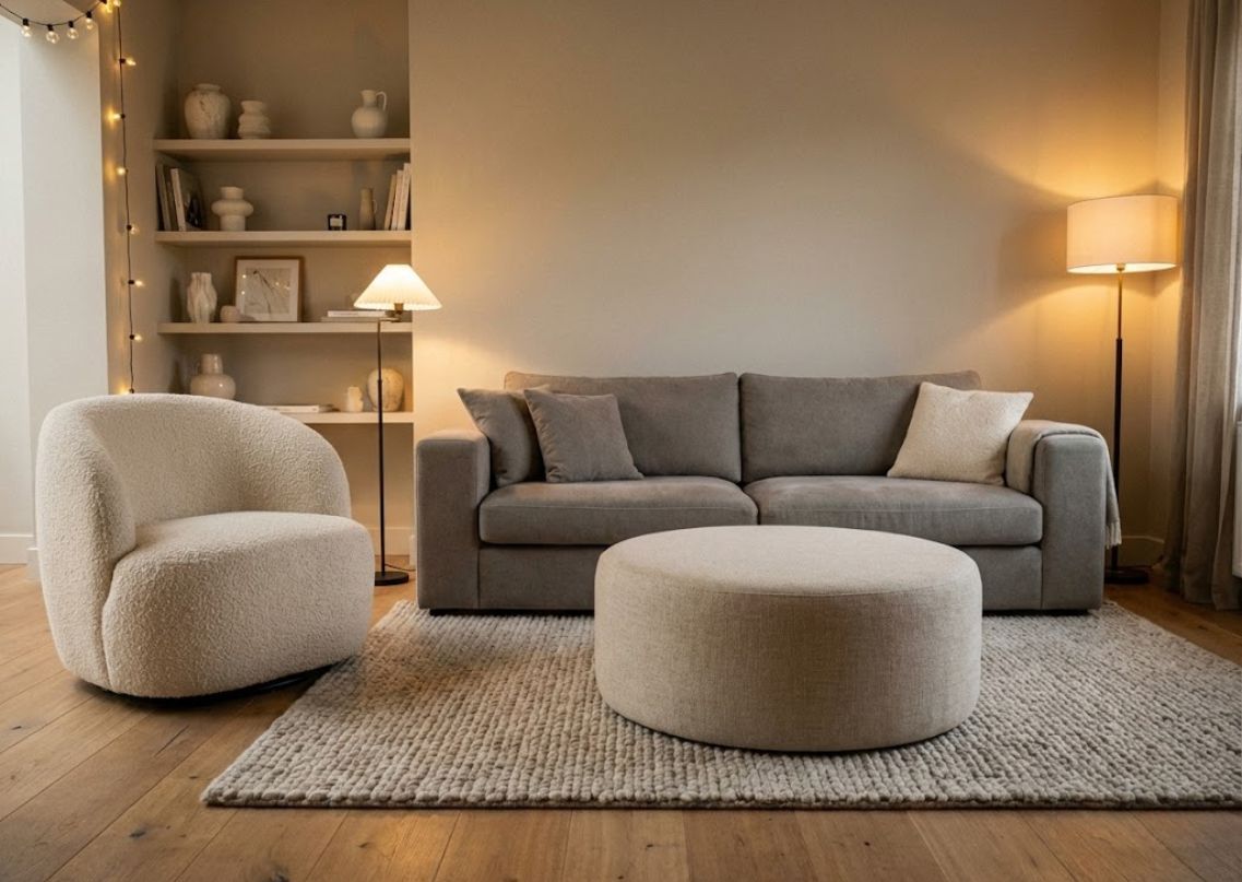 Living room with grey sofa, beige chair, and ottoman - Beautiful Homes