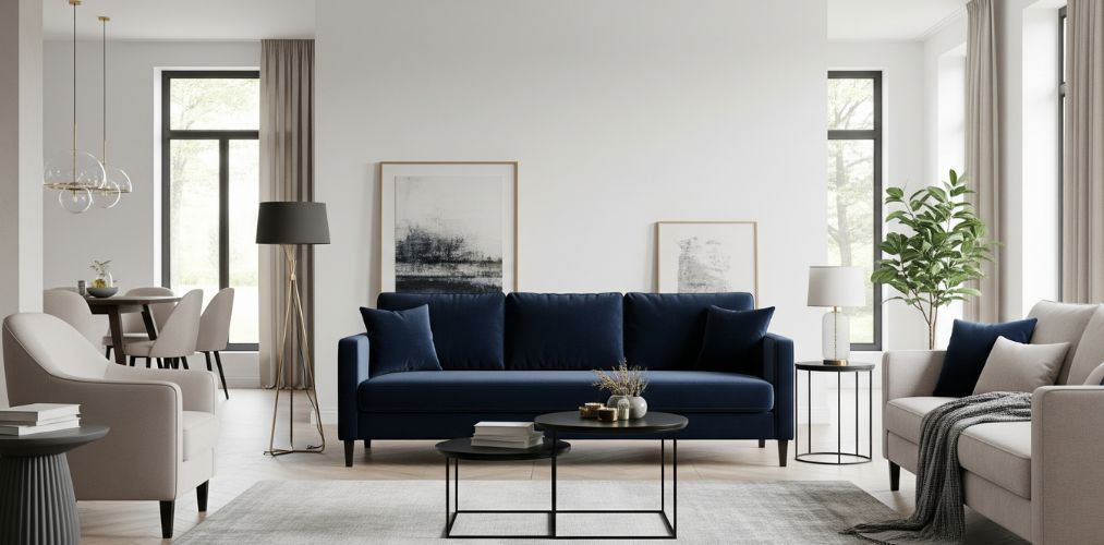 Living room with navy sofa and beige chairs - Beautiful Homes