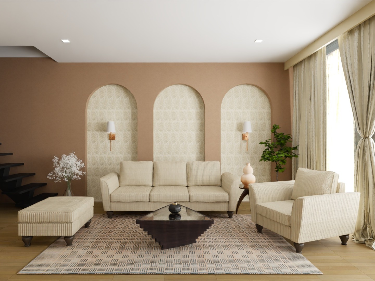 Lounge with beige furniture and patterned carpet - Beautiful Homes