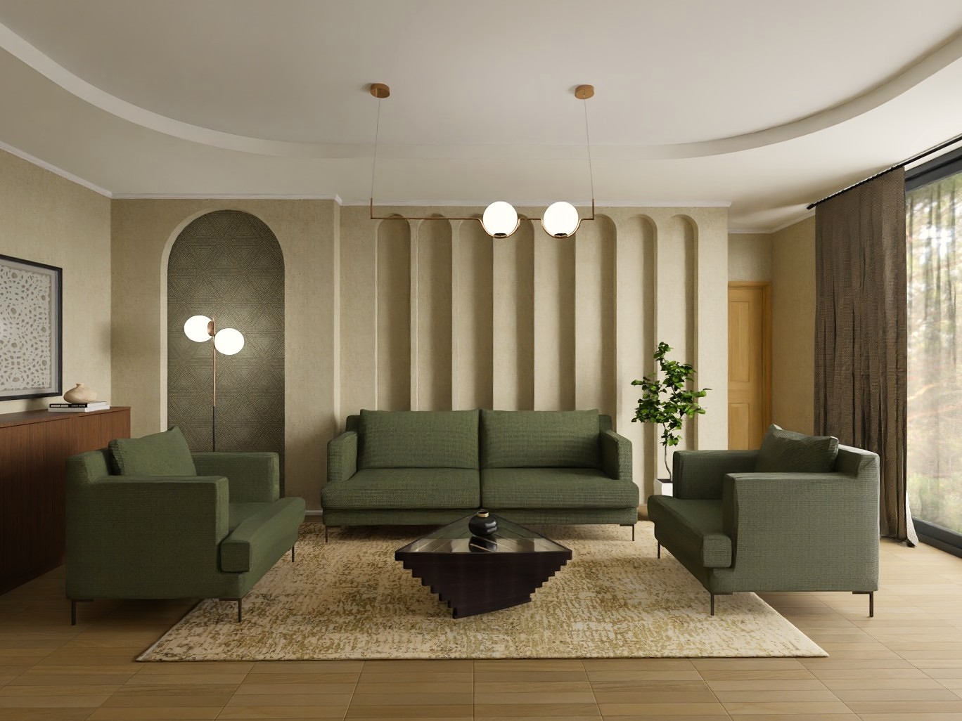 Living room with green sofas and elegant décor - Beautiful Homes