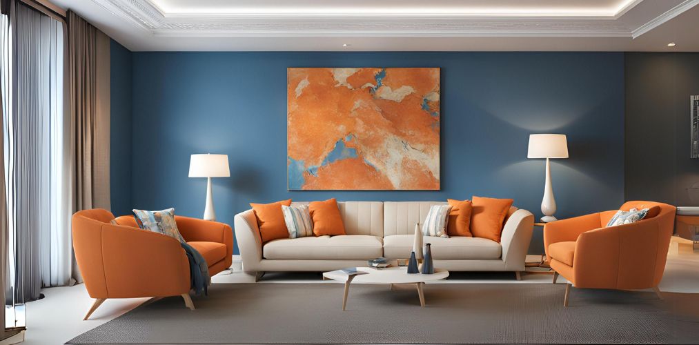 Modern living room with orange and cream sofas with blue accent wall - Beautiful Homes