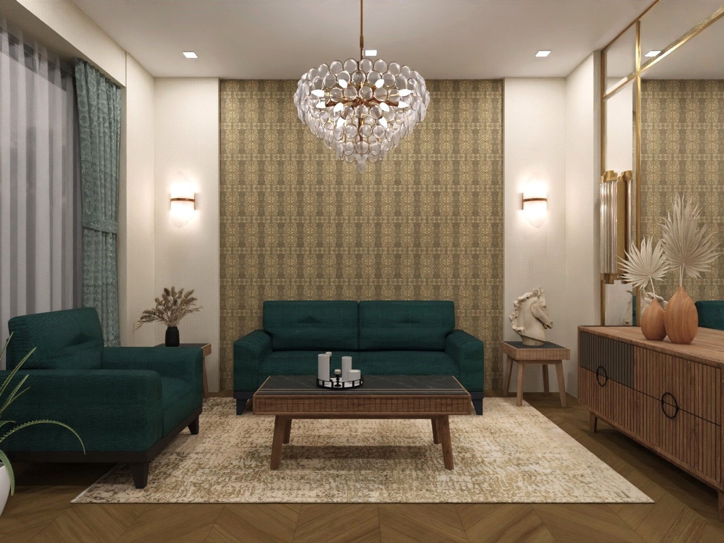 Living room with green sofa and chandelier design - Beautiful Homes