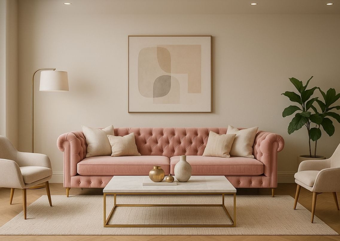 Living room with pink sofa and modern décor - Beautiful Homes