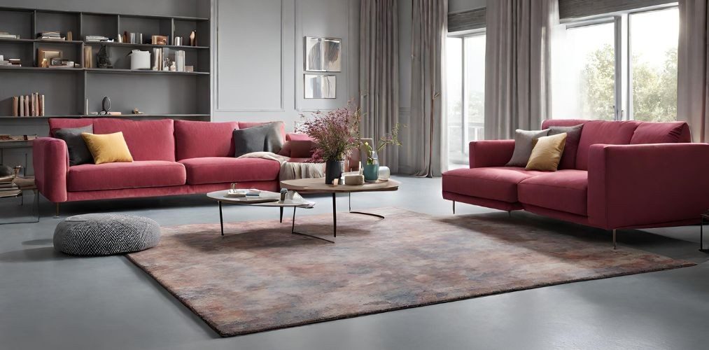 Modern living room with pink coloured sofa and grey flooring - Beautiful Homes