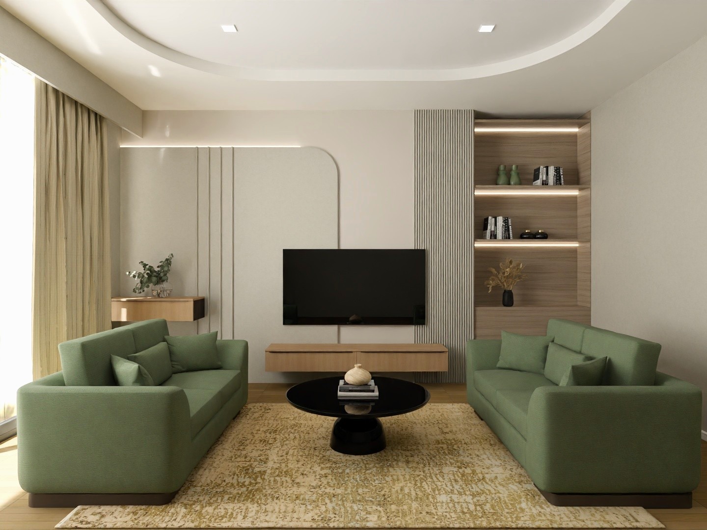 Living room with green sofas and wooden accents - Beautiful Homes