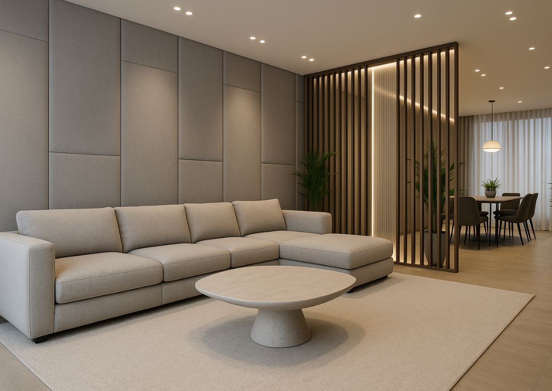 Elegant living room with beige sofa and partition - Beautiful Homes