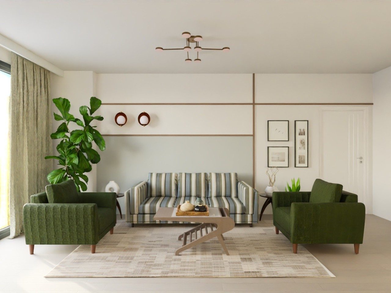 Living room with green sofa and wooden table - Beautiful Homes